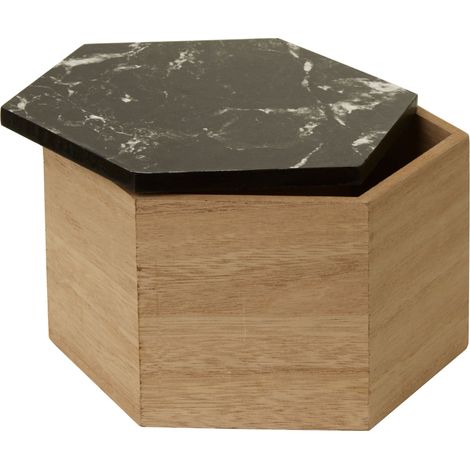 Premier Housewares Black Marble Effect Trinket Box Wooden Jewellery Box Display Case Small Storage Case Accessory Storage Hexagonal Shape 16 x 11 x 18