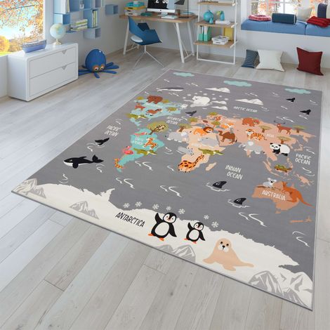 Kinderzimmerteppich Teppich Junge Mädchen Kinderteppich Rutschfest Tiere Erde 120 cm x 160 cm Grau Rechteckig (1/5)