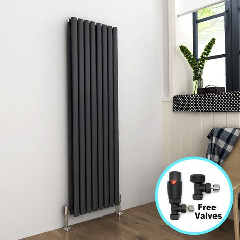 ELEGANT 1600 x 480 mm Modern Vertical Column Designer Radiator Anthracite Oval Double Panel Radiator Heater + Anthracite Thermostatic Radiator Valves (1/5)