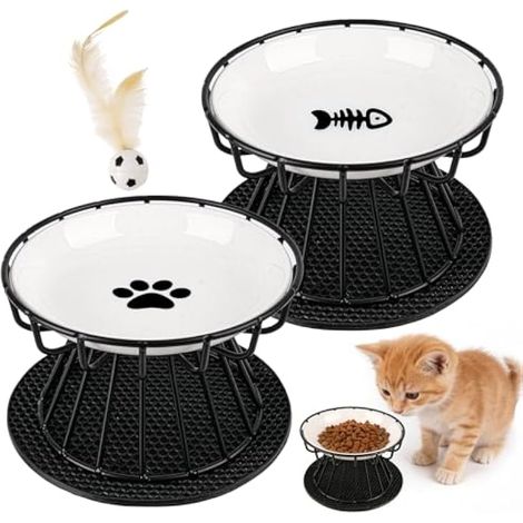 2 Pièces Gamelle Chat Surélevée, gamelle pour Chat avec Support en Métal et Tapis Antidérapant, gamelles avec Protection cervicale (1/4)