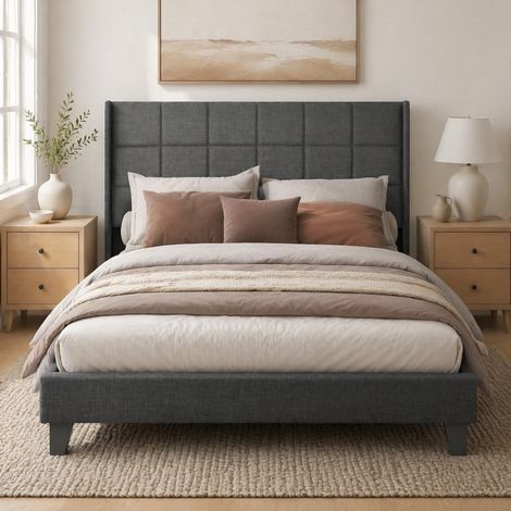 Bett 140x200 cm grau aus Leinen mit Lattenrost und Federkernmatratze (1/5)