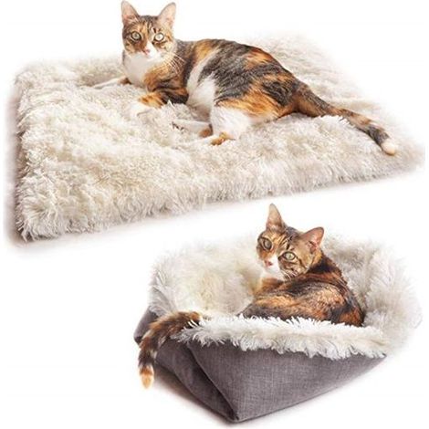Coussin lit pour chat 2 en 1 - Couverture auto-chauffante - Canapé doux et moelleux - Blanc - 61 x 51 cm - Panier pour chat (1/5)