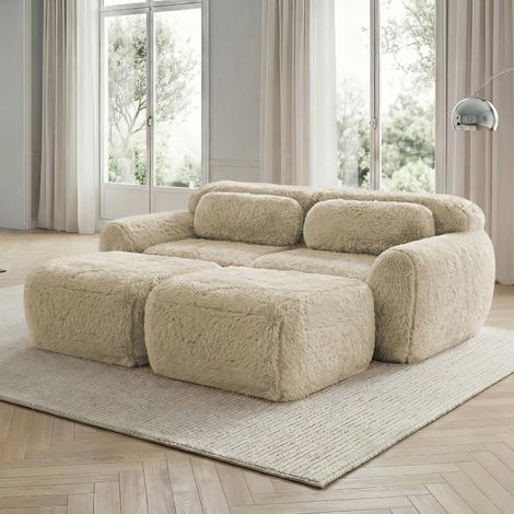 Divano modulare 2 posti con 2 pouf  light khaki in tessuto plush senza montaggio (1/5)