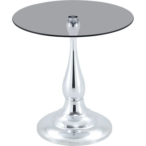 Tavolino rotondo in vetro temperato con base in metallo argento, moderno (1/5)