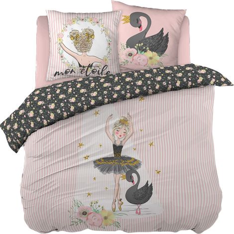 BALLET - Parure de Lit Coton Motif Danseuse Housse de Couette 200x200cm + 2 Taies d'Oreiller (1/4)