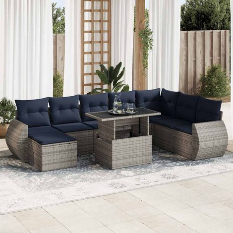 Set sofás jardín y cojines 9 pzas ratán sintético acacia gris vidaXL (1/5)