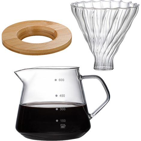Cafetière à filtre en verre 600 ml avec graduations, grand filtre et plateau en bois élégant