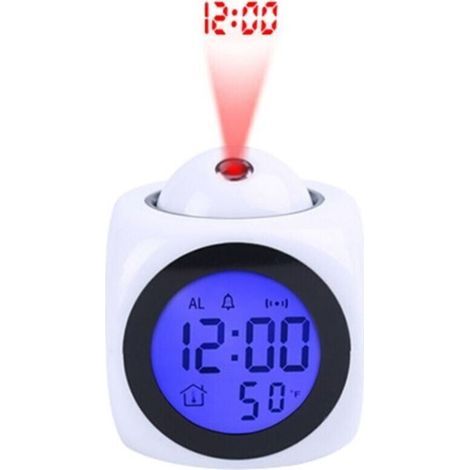Projecteur d'horloge numérique au Plafond Rétro-éclairage à Piles Affichage LED Horloge de projecteur avec rétro-éclairage Alimenté par Piles Rotation du réveil (Blanc) (1/5)