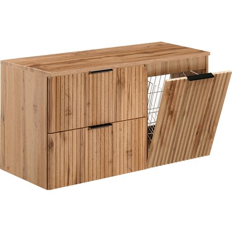 Furnidea - Meuble suspendu sous vasque ADEL CHÊNE 100 cm avec panier à linge et plan - 2 tiroirs - Façades rainurées (1/5)