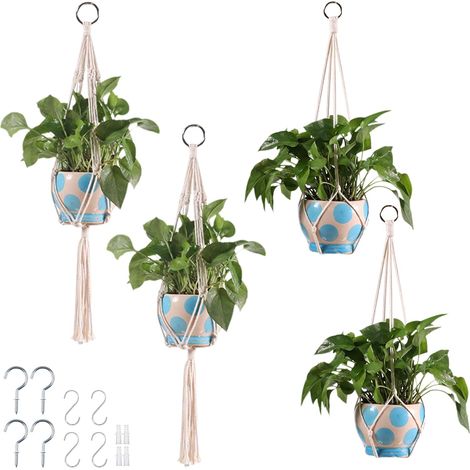 4 Pièces Suspension Plante Macramé, Suspensions en Macramé avec Crochets et Vis, Beige Pots de Fleurs Suspendus en Macramé pour Intérieur Extérieur Balcon Salon Jardin