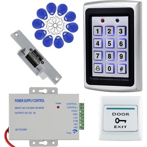 Kit de contrôle d'accès RFID en alliage de zinc avec fermeture magnétique de 180 kg, alimentation 12 V 3 A, bouton de sortie et 10 porte-clés, résistant aux intempéries pour la sécurité intérieure (1/5)
