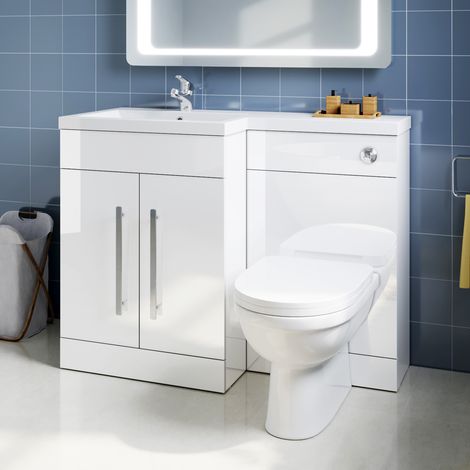 ELEGANT L Shape Bathroom Vanity Sink Unit 1100mm Furniture Storage High Gloss White Vanity Unit with Concealed Cistern + Basin with Ceramic D shaped Toilet Left Hand