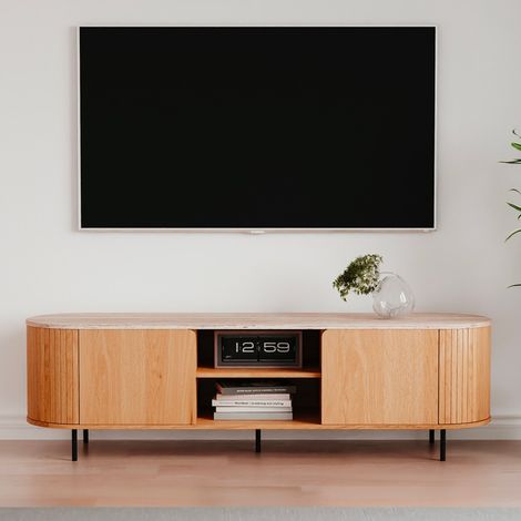 Mobile porta tv Fabia56B colore rovere oak con top effetto travertino e laterali listellati 160 cm (1/4)