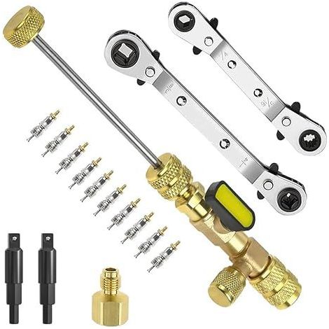 Outil d'installation de dissolvant de noyau de valve et kit de clé de service CVC avec 2 adaptateurs hexagonaux, ports SAE 1/4 et 5/16 double taille, 10 noyaux de valve (1/5)
