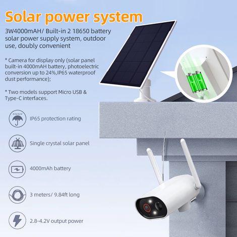 Ortviai Panneau Solaire 3,3 W pour Caméra de Sécurité – Batterie Intégrée 4000 mAh, Étanche IP65, Câble 3 m, Support Réglable 360° (1/5)