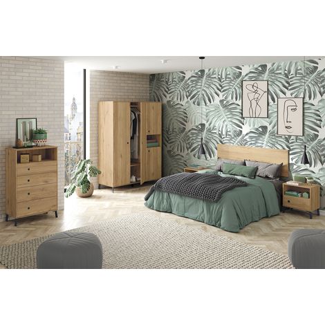Pegane – Ensemble chambre à coucher complète adulte chêne doré – Armoire 4 portes, commode 4 tiroirs, 2 chevets, tête de lit 160 cm – Fabrication espagnole PEFC