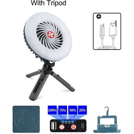 Ventilateur suspendu 3 en 1 rechargeable par USB avec lampe LED et chargeur USB pour téléphone portable (1/5)