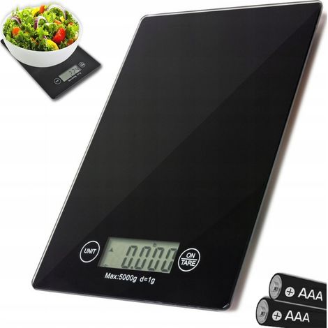 Bilancia da cucina elettronica digitale LCD con vetro nero, precisa e piatta, portata massima 5 kg. (1/5)