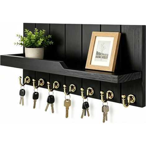 Plaque à clés avec étagère et 7 crochets - Porte-manteau mural avec étagère pour couloir - Porte-clés moderne - Organiseur mural pour entrée, bureau, cuisine (noir) (1/5)
