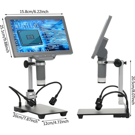 Digitales Mikroskop mit 10,1-Zoll-IPS-Bildschirm, digitales TV-Mikroskop für Elektronik-Reparaturteile, Mikroskop mit IR-Fernbedienung, USB-Kabel, Sockel und Metallständer, grau