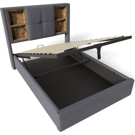 Letto capitonné 90x200 cm grigio con ricarica wireless, USB e vano portaoggetti (1/5)