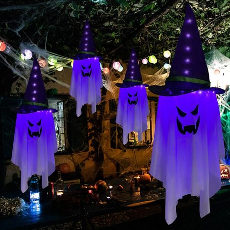 Décorations d'Halloween à suspendre fantôme lumineux fantôme volant faucheuse crâne chaînes fantôme lumineux fantôme blanc chapeau de magicien (1/4)
