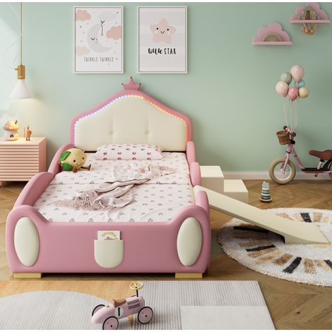 OKWISH Cama infantil tapizada con tobogán, escalera y tira LED PU rosa-beige 90x200 cm (1/5)