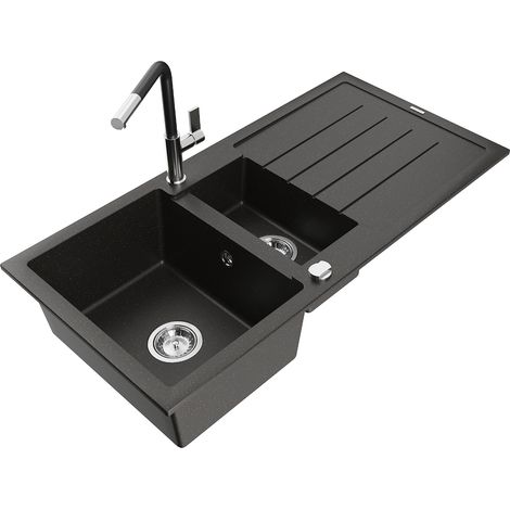 Mexen Andres fregadero de granito de 1,5 senos con escurridor y grifo de cocina Flora, negro/dorado met谩lico