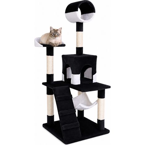 lionto Kratzbaum, stilvoller 133 cm Katzenbaum mit Plüschbezug, robusten Sisalstämmen & vielseitigen Liegeflächen, schwarz/weiß (1/5)