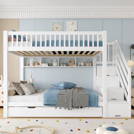 Lit superposé (sans matelas), lit enfant, avec lit gigogne, avec étagère, avec armoire, avec compartiment de rangement, 90x200cm, blanc (1/5)