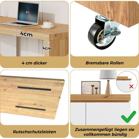 Bureau roulettes verrouillables design multifonction, plateau rotatif 4 cm plus épais verrouillable, blanc chêne, bureau pliable angle buffet, coloris blanc et chêne (1/5)