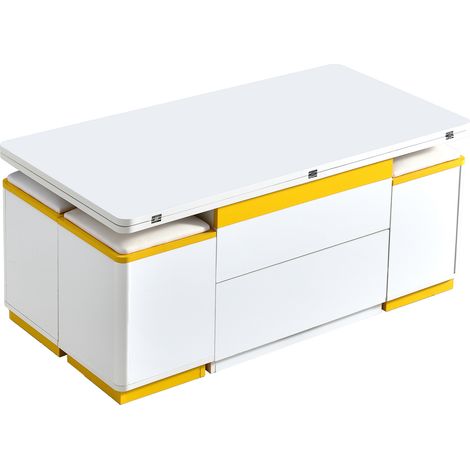 Set de mesa de centro elevable blanca y amarilla con 4 taburetes de MDF y aglomerado (1/5)