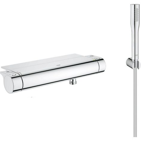 Grohe Grohtherm 2000 Set mitigeur thermostatique douche + Douchette 1 jet + Flexible et support mural, Chrome (34469001-Euphoria)
