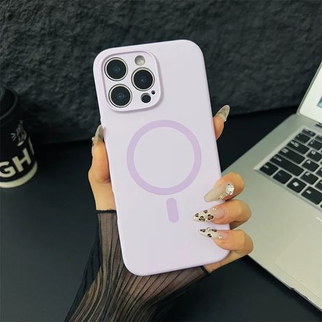 (iPhone 12, Violet clair) Coque de protection magnétique MagSafe en silicone liquide pour iPhone, protection de l'objectif