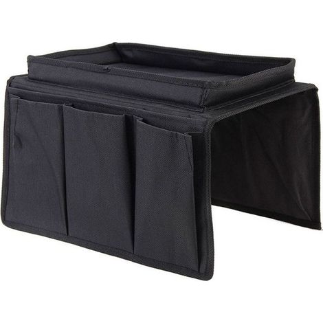Organiseur d'accoudoir de canapé avec plateau de rangement et support de télécommande pour téléphone, livres, magazines, télécommande, verres, tasses, collations et sac à main (noir) (1/5)