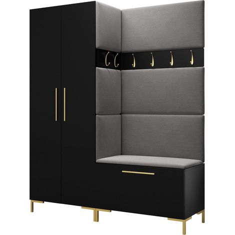 Meuble d'entrée Nomal I, Noir, 196x158x44cm, Stratifié, Tissu, Murale, À poser