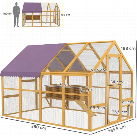 Poulailler en bois avec enclos, verrou de sécurité, porte, 4 pondoirs, pour 8 à 12 poules, dimensions approximatives : 2,8 x 1,8 x 1,9 m, jaune (1/5)