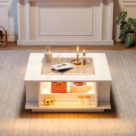 Table basse / table d'appoint, salon, plateau design, rangement caché, panneau de particules, éclairage LED, 70x70x30 cm, blanc, table salon, design contemporain (1/5)