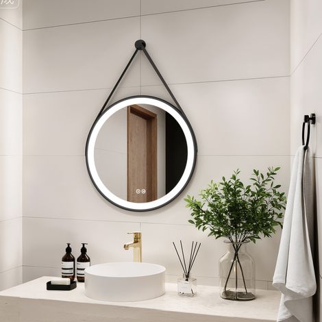 Heilmetz – Miroir Rond Lumineux Salle de bain Ø50 cm – 3 Couleurs Dimmables – Cadre noir – Sangle réglable 140 cm – Commande tactile (1/5)