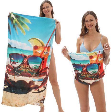 Verwandelbares Strandtuch 70 x 140 cm, Krabbenmotiv mit Sonnenbrille – Saugfähiger, schnell trocknender Mikrofaser-Rucksack