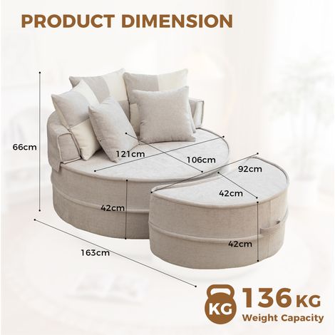 Sillón relax redondo 163x121x66 cm gris con ottomana y 5 cojines, chenilla y espuma MEUBLIV (1/5)