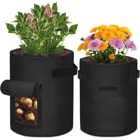 Lot de 2 sacs de plantation pour pommes de terre - 7 Gallonen - Avec poignées et fenêtre de visualisation - Sac de plantation pour légumes et plantes - Noir (1/4)