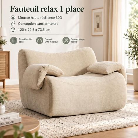 Petit Canapé 120x92x73cm Tissu Chenille - Canapé 1 Place - Sans Montage, Mousse 30D, Anti-boulochage, Antidérapant Kaki Clair (1/5)
