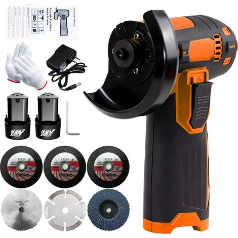Meuleuse d'angle sans fil 12V avec 2 batteries – 76mm, 1300mAh, chargeur inclus, 6 disques, boutons ergonomiques, légère (1/5)