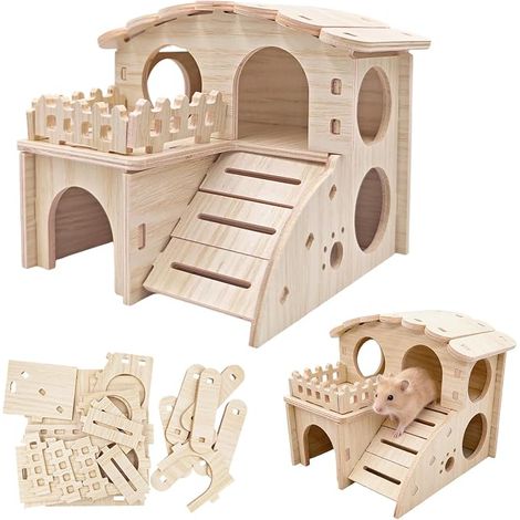 Hamster House,Wooden Underground Hideout,Wooden Construction Kit  Hamster House with Slide and Ladder, Corner House for Rodents and Small Animals 14 x 13 x 12.5 cm (1/4)
