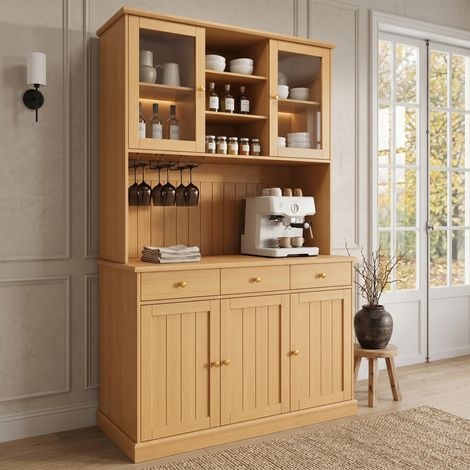 Buffet haut vitré bois naturel 120x191 cm, porte-verres, USB-C/A, prise, meuble cuisine rangement (1/5)