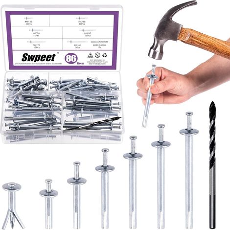 50pcs argent M6 x 30MM alliage d'acier ancrage en béton, clou d'expansion enfoncé, martelé clou d'enfoncement Kit, diamètre 1/4 ", longueur environ 1-3/16" pour béton, (1/5)
