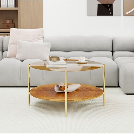 Tavolino da caffè rotondo in vetro temperato oro e legno, 82 cm, struttura in metallo (1/5)