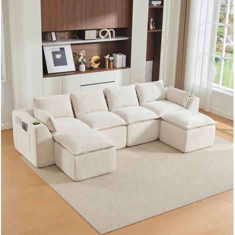 REDOM - Sofá modular de 4 plazas bolsillos laterales, cojines incluidos, pana beige (1/5)