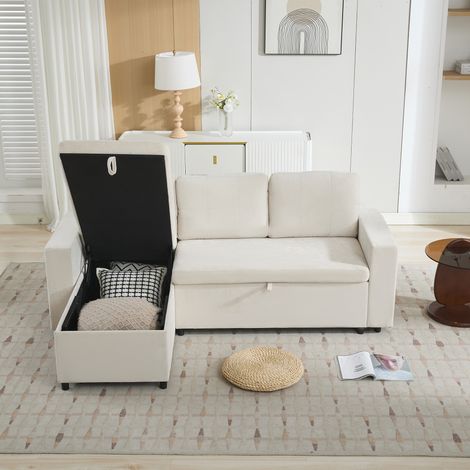 Canapé d'angle avec rangement latéral 202 x 136 x 85 cm, revêtement chenille, canapé-lit en L pour salon, charge maximale 120 kg, canapé 3 places, beige, montage à gauche ou à droite. (1/4)
